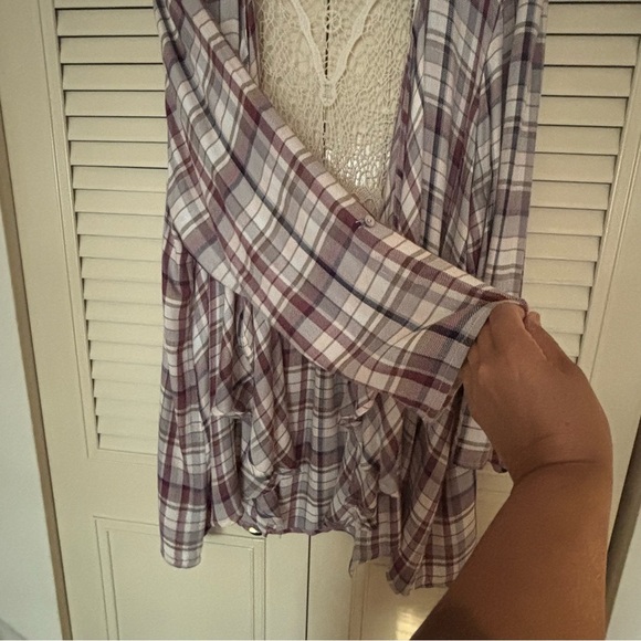 American Rag Purple Plaid Blouse with Crochet Accents - Picture 7 of 11
